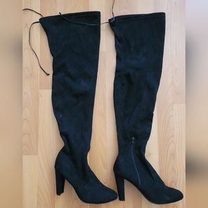 Black Thigh High Over The Knee High heel Boots Faux Suede Laced Back Sz 8.5